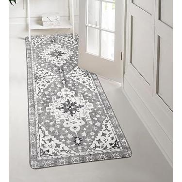 Imagem de Uphome Boho Vintage Tapete de corredor de banheiro cinza antiderrapante macio tapete lavável na máquina tapete de corredor oriental tradicional tapetes florais tribais para cozinha, quarto de