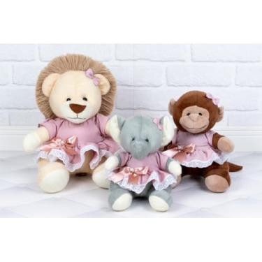 Imagem de Pelúcias Safari, Conjunto de 3, Leão, Macaco e Elefante, com Vestidos (ROSE)