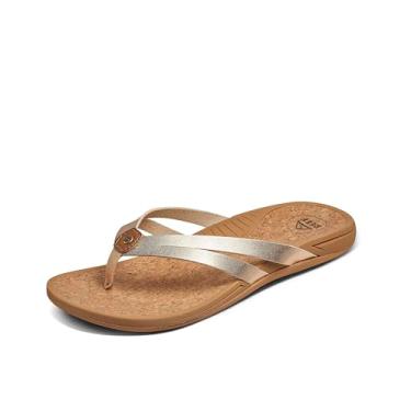 Imagem de REEF Chinelo feminino Pacific Joy, tira de couro vegano e palmilha acolchoada macia, Hora dourada, 41