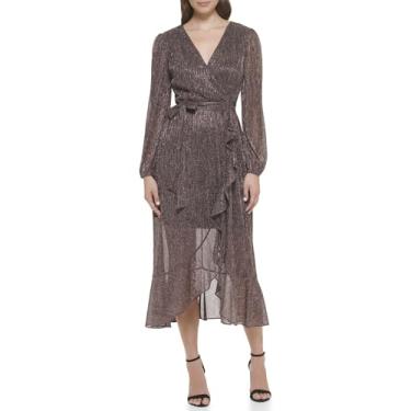 Imagem de kensie Vestido feminino midi com gola V enrugado e cintilante, Ouro rosa, 34