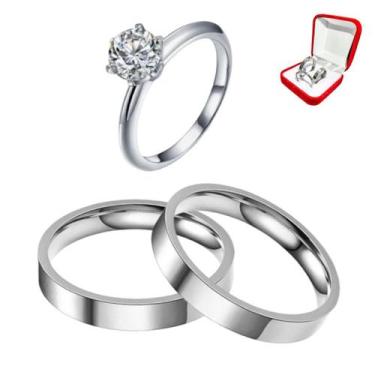 Imagem de Par Alianças Namoro Prata 4mm Reta + Anel Solitário 2mm Prata Pedra Br