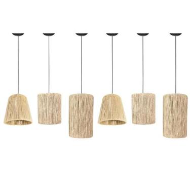 Imagem de Conjunto 6 Pendentes Luminaria Palha Fibra Redondo Copa Sala Cozinha -