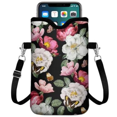 Imagem de IRADA Bolsa de neoprene para celular com alça transversal e cordão de pescoço para mulheres e homens 19 x 11 cm - bolsa universal para telefone à prova de choque floral preta