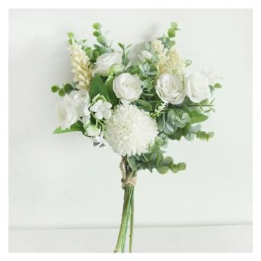 Imagem de Decoração de primavera - Buquê de casamento flor sintética de seda artificial buquê de dama de honra branco roxo pompom folha de eucalipto suprimentos de casamento, plantas artificiais artificiais