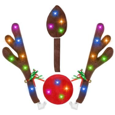 Imagem de Kit de carro de rena de Natal com luzes LED, chifres de rena iluminados, nariz de Rudolph, chifres e cauda - Decorações de férias automotivas para carros, SUVS, caminhões, trailers, vans