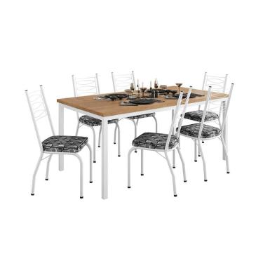 Imagem de Conjunto de Mesa Retangular com Tampo de MDP Amadeirado e 6 Cadeiras Adriana Revestimento Sintético Silver e Branco