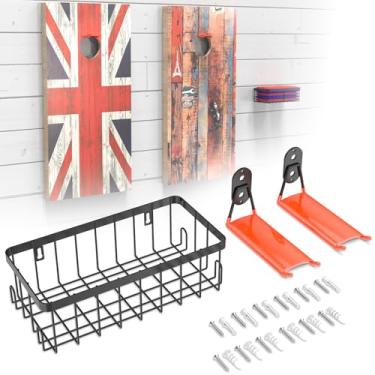 Imagem de Lokuc 2 Set Cornhole Boards Hanger with Sandbag Storage Basket, Steel Heavy Duty Cornhole Accessories Wall Mount for Cornhole, Cornhole Board Games Holder Storage