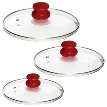 Imagem de Kit 3 Tampas de vidro 26, 28 e 36cm temperado para panelas e frigideiras (Pomel de Baquelite vermelho)