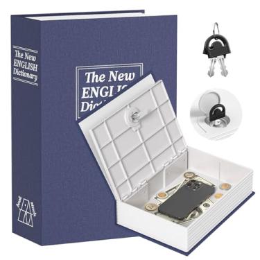 Imagem de Caixa de economia de dinheiro para adultos, cofrinho de livro com trava e chave segura, cofre secreto de dicionário, lata de 24 x 15 x 6 cm caixa de segurança de metal combinada (azul)