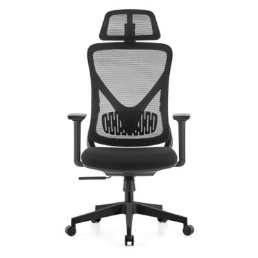 Imagem de Cadeira de escritório ergonômica, malha de encosto alto, encosto de cabeça ajustável e apoios de braço 3D, preto e cinza (preto)