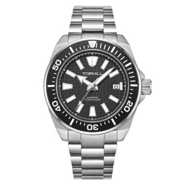 Imagem de TOPHILL Relógio de pulso masculino Pro Dive 43,5 mm 30 bar NH35 relógio de pulso mecânico automático safira luminosa mergulho à prova d'água TD008G, Aço preto