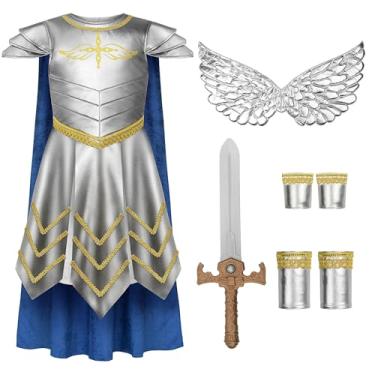 Imagem de ReliBeauty Conjunto de fantasia infantil de arcanjo, armadura prateada com capa, asas e espada, Prata, 4-5/110