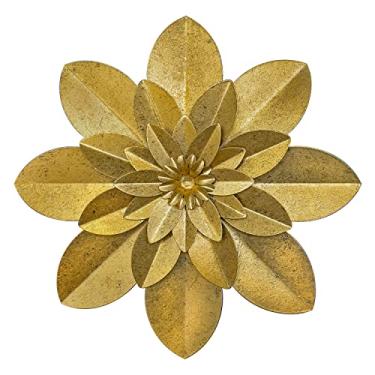 Imagem de Decoração de arte de parede de flor de metal dourado, escultura floral moderna rústica de 24 cm, decoração de casa de ferro envelhecido, obras de arte para decoração de casa, cozinha, quarto, sala de