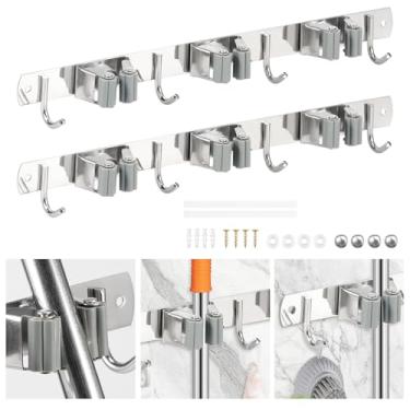 Imagem de Pacote com 2 suportes para vassoura, suporte de parede de aço inoxidável, organizador de vassoura atualizado, suporte de parede resistente para esfregão e vassoura para casa, cozinha, jardim