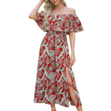 Imagem de Vestido CUPSHE Summer A Line Off Shoulder Ruffle Maxi Red Leaf
