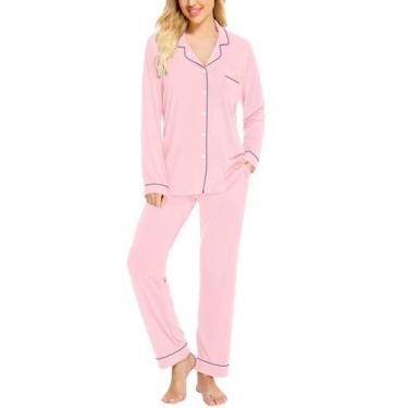 Imagem de Conjunto de pijamas SWOMOG feminino de manga comprida com botões rosa 
