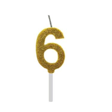 Imagem de Vela De Aniversário 6 Dourada Glitter Com Base