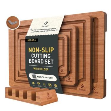 Imagem de Conjunto de tábuas de corte Socisen Bamboo com suporte sobre pia