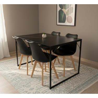 Imagem de Conjunto Mesa de Jantar Retangular com Pés de Ferro + 4 Cadeiras Estofadas Leda (Mesa Preta/Cadeiras Pretas)