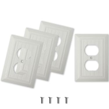 Imagem de Placas de parede brancas de grão de madeira, pacote com 4 placas de parede decorativas duplex de 1 gangue, placa de parede estilo fazenda vintage, tamanho padrão 8 cm x 12 cm