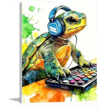 Imagem de Graffiti DJ Tartaruga Marinha Arte de Parede Moderna Engraçada Impressão em Tela 40,6 x 61 cm Grande Tartaruga Verde com Fones de Ouvido Presente Menino Adolescente Sala de Jogos Alegria Decoração de
