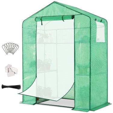 Imagem de Porta de malha Quictent estufa 2 janelas 3 camadas 6 prateleiras 142 cm L x 73 cm P x 195 cm A. Caminhe ao ar livre portátil para plantas, jardim, casas verdes, 50 tipos T, 8 estacas, 4 cordas, incluídas (verde)