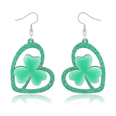 Imagem de Brincos de trevo de Dia de São Patrício para mulheres, brincos de trevo de lágrima de coração verde irlandês e trevo com pingente de trevo com glitter, brincos de Dia de São Patrício para mulheres