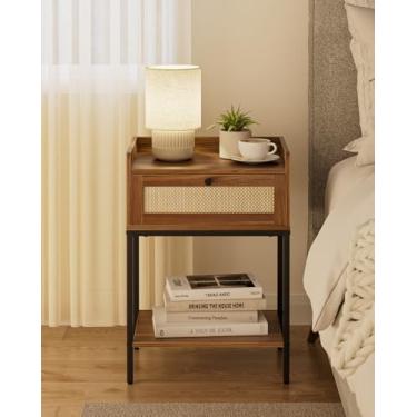 Imagem de Masupu Mesa de cabeceira de vime, mesa de cabeceira moderna de 3 camadas com gaveta de armazenamento e prateleira, mesa lateral pequena para quarto, sala de estar, marrom nogueira (sem tomada, marrom)