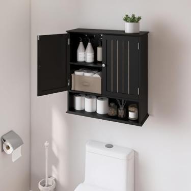 Imagem de Viaozutis Armário de parede de banheiro com 2 portas e prateleira aberta – Armário de remédios para economizar espaço sobre o banheiro, armazenamento de armário de madeira para organização de banheiro