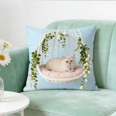 Imagem de Capas de almofada, 43 cm x 43 cm, decoração de capa de almofada xadrez de linho com padrões de gato, fronhas quadradas com zíper para sofá (estilo 3)