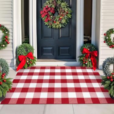 Imagem de KILOCOCO Tapete xadrez de búfalo, 9,5 x 1,5 m, vermelho e branco, para o dia das bruxas, tapete quadriculado, lavável em camadas, tapete de porta da frente para varanda/quintal/entrada/pátio, tapete
