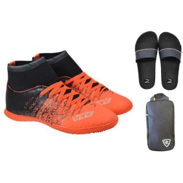 Imagem de Chuteira Futsal Botinha Adulto Costurada Quadra + Chinelo Slide + Moch