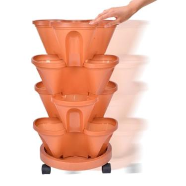 Imagem de Plantador vertical de jardim – Recipiente vertical empilhável de 4 camadas, vaso externo de drenagem automática com rodas e bandeja inferior - para plantar morango, vegetais, frutas, varanda e pátio