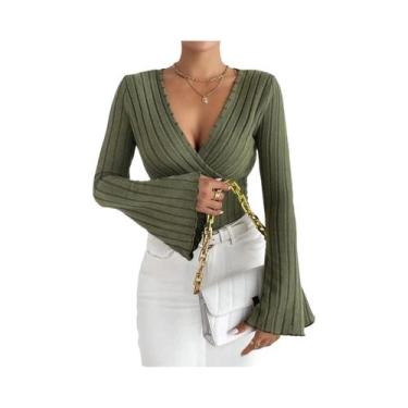 Imagem de Camiseta Feminina De Manga Longa Com Decote Em V E Listras, Ajuste Sli