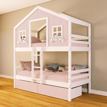 Imagem de Beliche Casinha Dos Sonhos Com 02 Gavetas Rosa Madeira Maciça Rosa/ Branco Housin