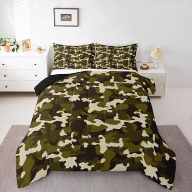 Imagem de Feelyou Conjunto de cama com estampa de camuflagem, macio para meninos e meninas, verde militar, edredom solteiro, estampa camuflada, microfibra, estilo tático, decoração de quarto, tom terrestre, 2