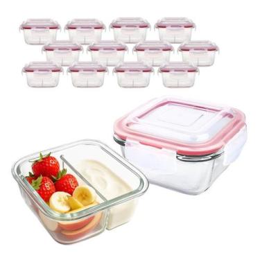 Imagem de Kit 12 Potes De Vidro 300ml 2 Divisórias Hermético Marmita Fit Com Tra