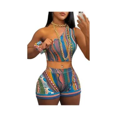 Imagem de Conjunto De Verão Feminino Com Top De Um Ombro E Calças Curtas Com Est