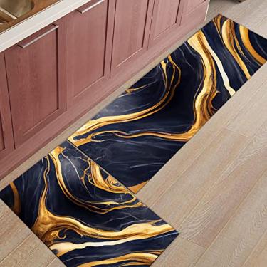 Imagem de Tapete de corredor de cozinha, mármore arte moderna azul escuro dourado tapete antiderrapante tapete de porta tapete para lavanderia cabeceira banheiro quarto conjunto de 2