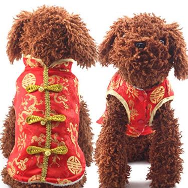 Imagem de SEIS Fantasia de Ano Novo com Botões de Nó Gato Cheongsam Roupas de Inverno para Animais de Estimação Colete da Dinastia Tang, Casaco de Natal para Gatos, Bichon Pequeno, Médio (PP (Circunferência do Peito 42 cm)