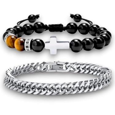 Imagem de WFJ Pulseira de proteção tripla de hematita obsidiana preta, conjunto de contas de 10 mm, pulseiras de contas de olho de tigre azul, pulseiras de pedra vulcânica para homens e mulheres, Meidum, Pedra,