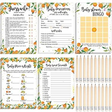 Imagem de Jogo de chá de bebê com 145 peças, chá de bebê laranja, conjunto de 5 jogos de chá de bebê, ideias de festa de bebê, suprimentos com lápis para menino e menina, incluindo jogo de bingo, desejos (estilo laranja)