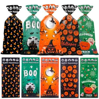 Imagem de Muswarm Sacos de doces de Halloween, 100 peças de doces ou travessuras de celofane com laços torcidos, para embalagem de lanches e biscoitos, suprimentos de festa (Halloween-1)