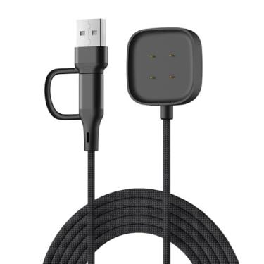 Imagem de WIIKAI Cabo carregador USB de substituição de fio trançado de nylon (USB + tipo C 2 em 1) para Fitbit Versa 4/compatível com carregadores Fitbit Versa 3 com base de carregamento portátil para estação