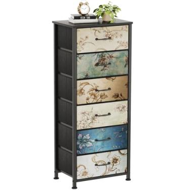 Imagem de CAIYUN Cômoda alta com 6 gavetas, cômoda pequena para quarto, sala de estar, cômoda de tecido, unidade organizadora de armário, mesa de canto estreita com tampo de madeira, mesa de cabeceira, padrão