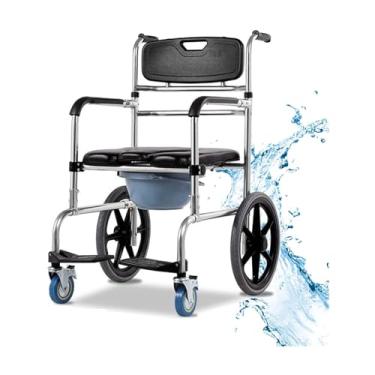 Imagem de Cadeira de cabeceira 4 em 1 para vaso sanitário com braços e costas rolante cadeira de rodas com 2 rodas bloqueáveis cadeira de vaso sanitário dobrável