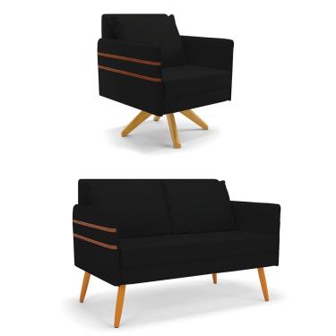 Imagem de Kit 01 Namoradeira 02 Lugares E 01 Poltrona Mari Linho Base De Madeira Ma30 - D'Rossi A79 Preto