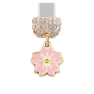 Imagem de ELISE & FONDA TP206 Tipo-C porta de carregamento cristal antipoeira pequena flor de cerejeira charme para celular Samsung/OnePlus/Xiaomi/oppo Android iPhone 15/16 (rosa), approx.1.8 cm (L) x 0.2 cm