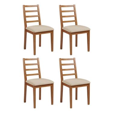 Imagem de Kit 4 Cadeiras De Jantar Em Madeira Maciça Aline Estofado Linho Bege - Mel - Marrom