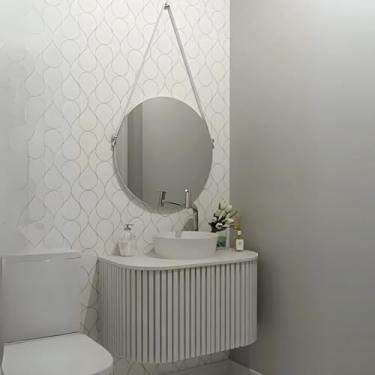 Imagem de Gabinete de Banheiro Mdf Ripado C/Cuba e Espelho Redondo (Branco)